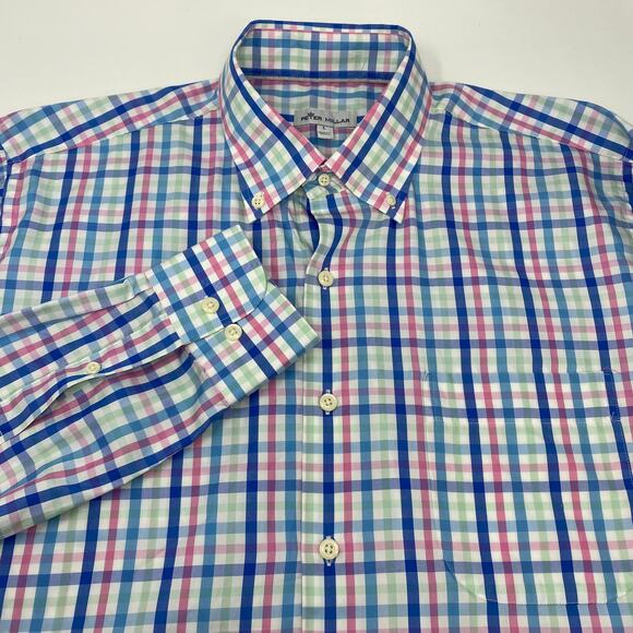 Peter Millar Large Blue Pink Green‎ Check Silk Blend Long Sleeve Button Up Shirt - Picture 1 of 5